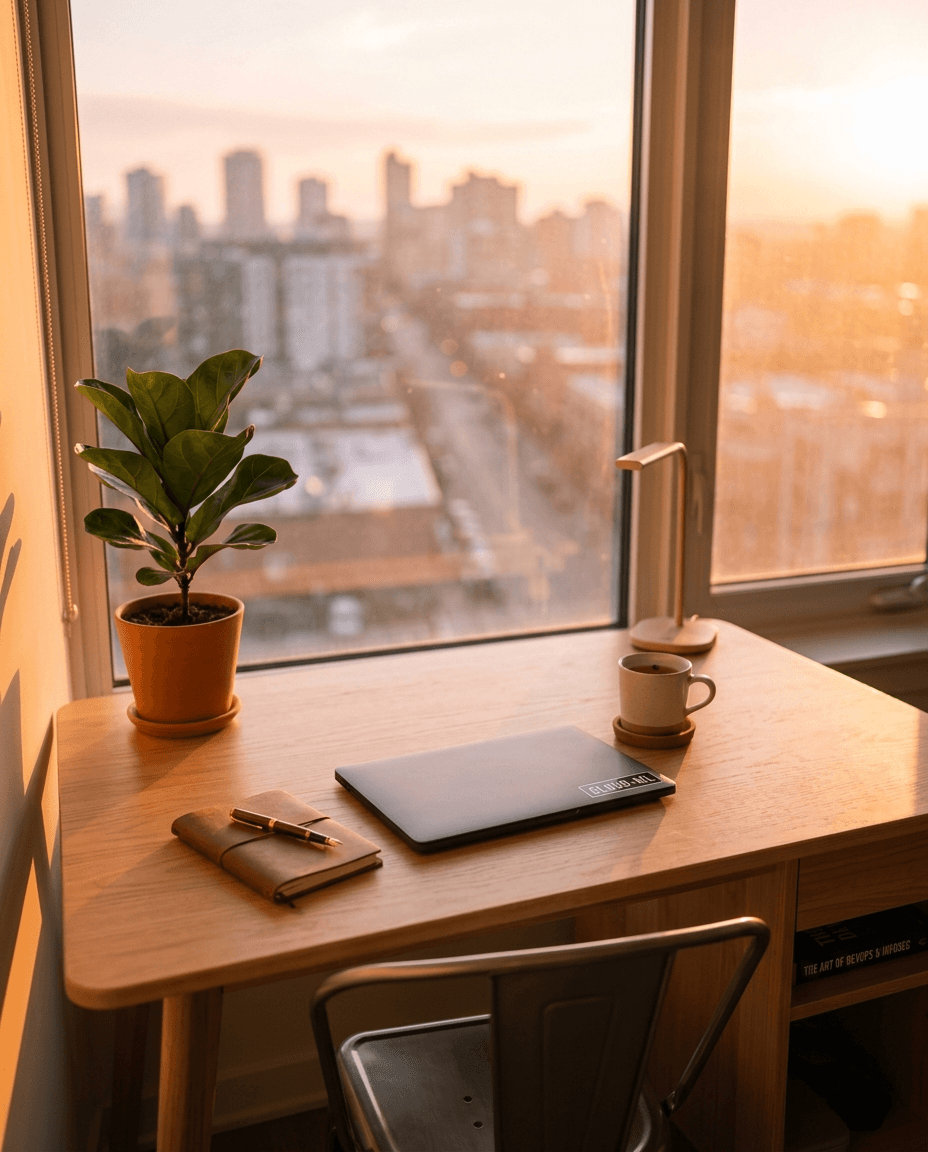 Abstract workspace — empty desk at golden hour
